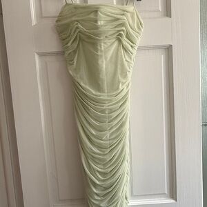 Babaton Strapless Ruched Midi Dress in Pale Green